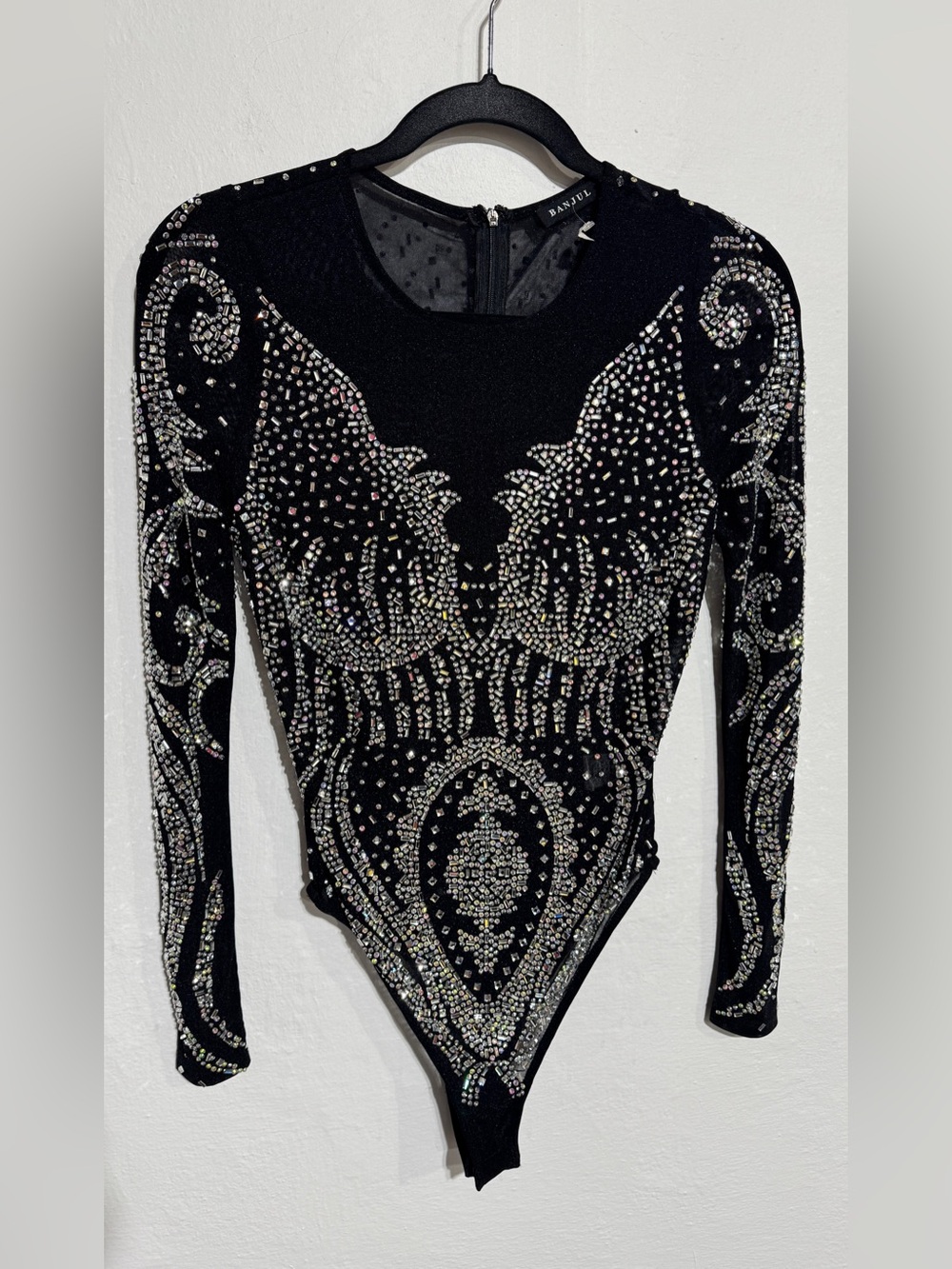 BANJUL Embellished Sheer Black Long-Sleeve bodysuit medium